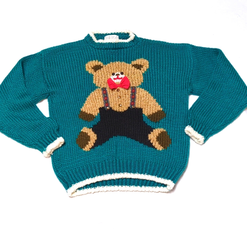 Vintage 1980s Heidi Mock Neck Teddy Bear Octoberfest Lederhosen Bow Tie Sweater‎